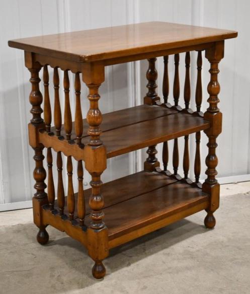 Stickley Maple Three Tier Occasional Table: Stickley maple three tier occasional table. Has an Early American design and is in nice used condition. Marked on bottom. Measures 24" tall x 22" across x 13 " deep.