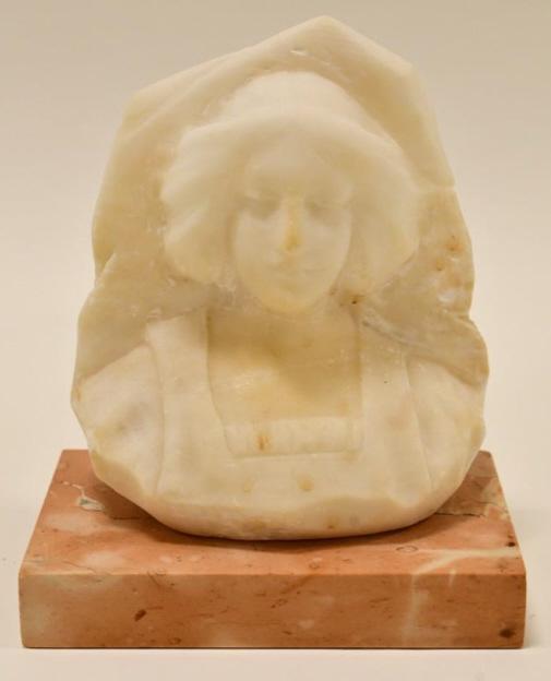 Small 19th Century Alabaster Young Woman Bust: Beautiful late 19th century alabaster bust featuring a young woman . The shoulder-up bust is in nice condition. Measures 5.5" tall x 4.75" across with the base.