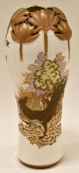 19th C. Teplitz Turn RStK Amphora Porcelain Vase: Beautiful late 19th century Amphora Teplitz Turn Austria RStK porcelain vase featuring a rooster and spider web. The vase stands 11" tall and is in wonderful condition with a little crazing. Base is m