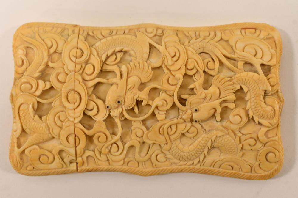 Chinese Carved Dragon Cantonese Card Case: Very nice Chinese Carved Dragon Cantonese Card Case. The case measures 4" tall x 2-1/4" wide and is in great condition.
