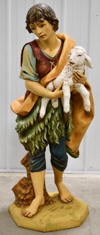 Large 1987 Fontanini Nativity Set Shepherd Statue: Large high quality Italian 1987 Fontanini resin outdoor Nativity Set "Shepherd With Lamb" statue. Nice condition with some wear from use and age. Includes original shipping box. Measures approximately
