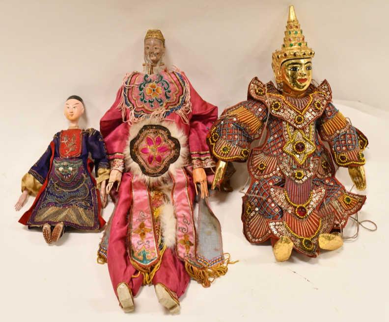 (3) Vintage Oriental & Indian Puppets: Detailed clothing and hand-painted detail. Sizes range from 10" to 18" tall. Indian puppet is a marionette.