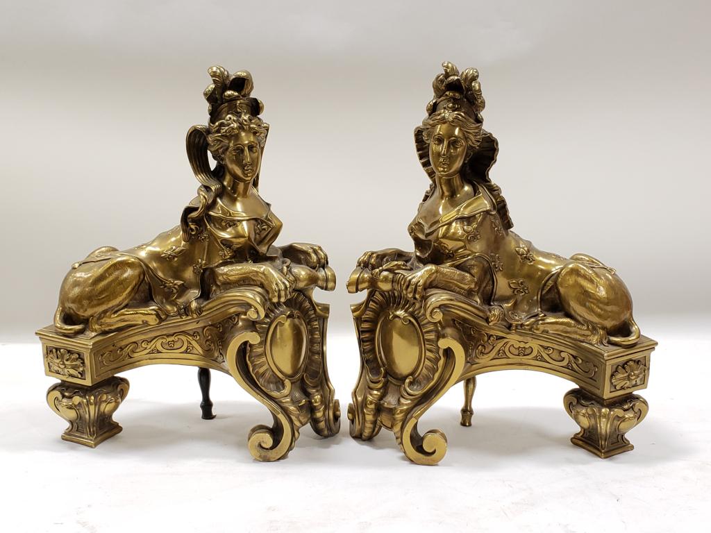 19th Century French Egyptian Sphinx Andirons: Very nice French 19th century Egyptian Sphinx andiroins. The brass andirons are in wonderful condition. They measure 16" tall x 13" across.