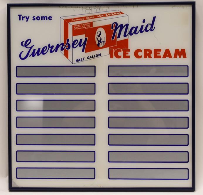 Vintage Glass Guernsey Maid Ice Cream Adv Sign: Nice vintage reverse painted glass Guernsey Maid Ice Cream advertising sign. Sign is in good condition with some paint loss and wear from use and age. Glass has been professionally reframed. Displays