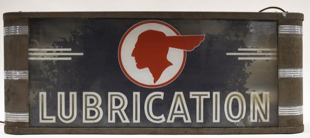 Art Deco Pontiac Dealer Lubrication Lighted Sign: Outstanding original vintage Art Deco Pontiac Dealership automotive lubrication lighted reverse on ribbed glass advertising sign. Sign is in good condition for its age. It does have paint loss and wea