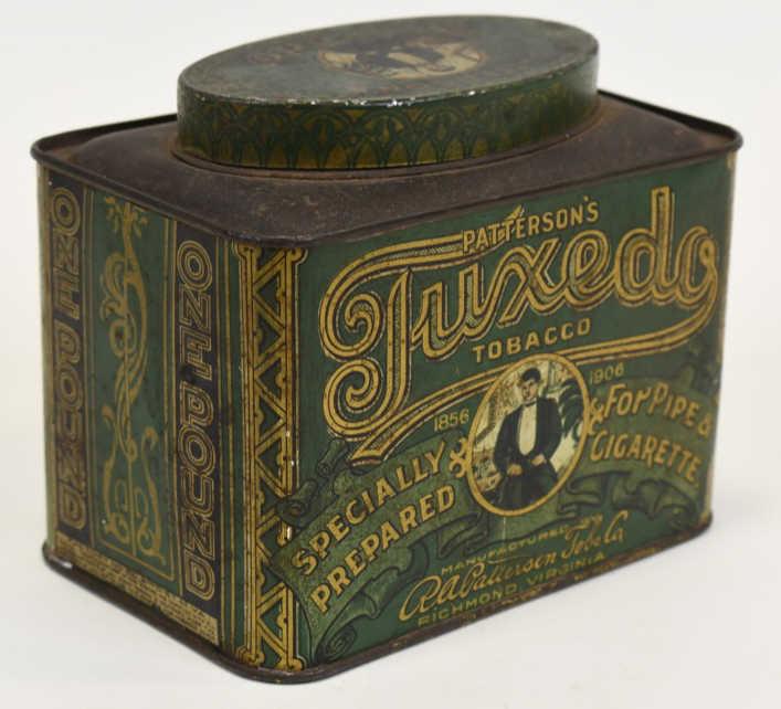 Early Patterson's Tuxedo Tobacco Oval Top Tin Can: Early Patterson's Tuxedo Tobacco oval top tin can. Good condition with some paint loss and wear from use and age. Displays well with nice graphics. Measures approximately 6" across by 5" tall..
