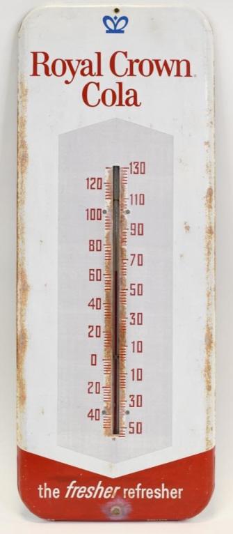 Vintage SST Royal Crown RC Cola Adv Thermometer: Vintage single sided tin Royal Crown Cola advertising thermometer. Good condition with some paint loss, surface rust, and wear from use and age. Displays well. Appears to work. Measures approximately