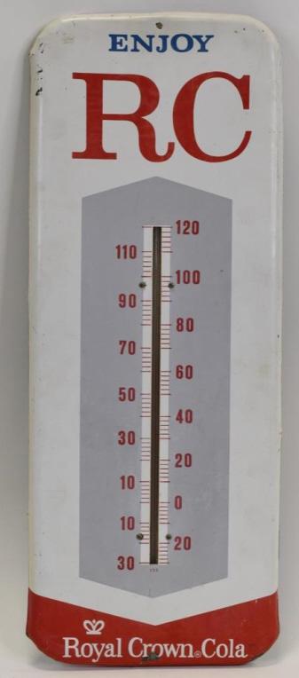Vintage SST Royal Crown RC Cola Adv Thermometer: Vintage single sided tin Royal Crown Cola advertising thermometer. Good condition with some paint los and wear from use and age. Displays well. Appears to work. Measures approximately 25" tall by 10"
