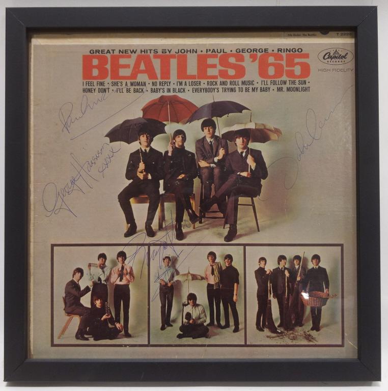 Beatles "Beatles' 65" Signed Album w/ COA: Beatles "Beatles'65" album signed by John Lennon, Ringo Starr, George Harrison, and Paul McCartney. Autographs are dark and legible. Frame measures approximately 13-3/4" tall by 13-3/4" across. This i