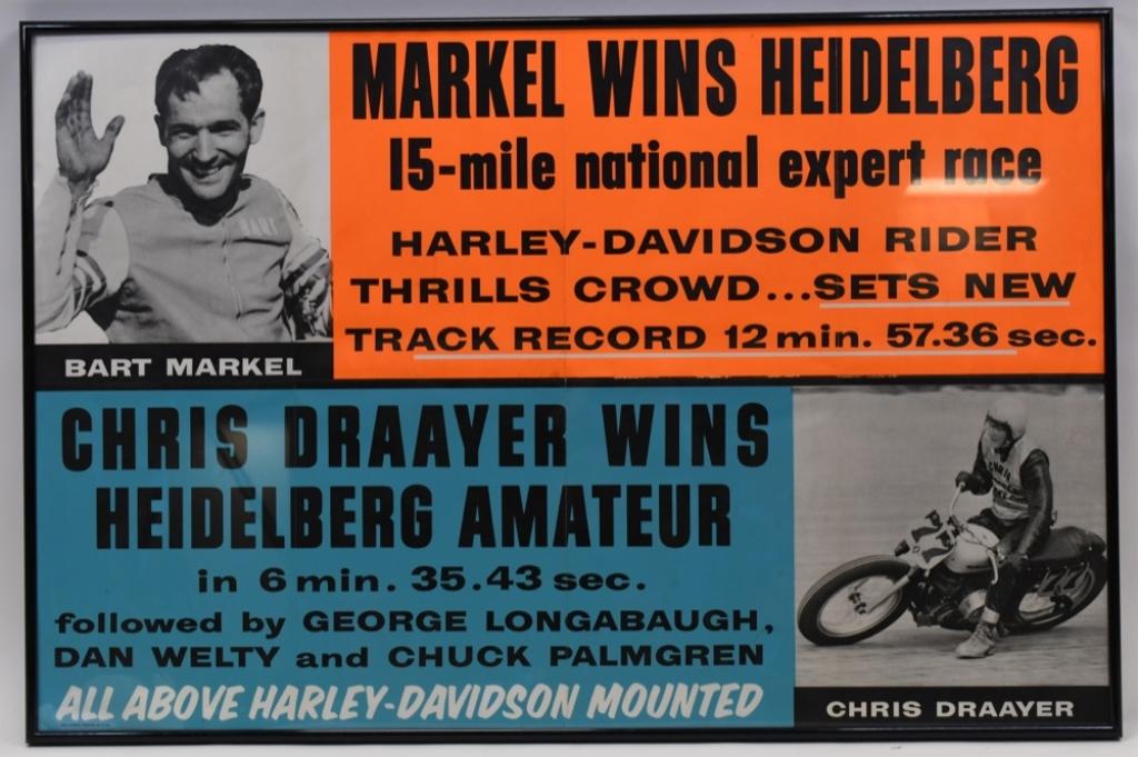 Vintage Harley-Davidson Dealership Adv Poster: Amazing original vintage Harley-Davidson Bart Markel & Chris Draayer "Win Heidelberg" dealership promotional race advertising poster. Poster is in nice condition with wear from use and age. Has been f