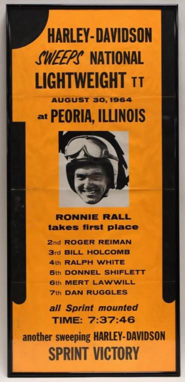 1964 Harley-Davidson TT Race Dealership Adv Poster: Amazing original vintage Harley-Davidson Ronnie Rall "HD Sweeps NAtional Lightweight TT August 30, 1964 Peoria Illinois " dealership promotional race advertising poster. Poster is in nice condition wi