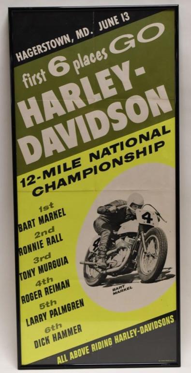 Vtg Harley-Davidson National Championship Poster: Amazing original vintage Harley-Davidson " First 6 Places Go To Harley -Davidson " 12 Mile National Championship dealership promotional race advertising poster. Poster is in nice condition with wear f