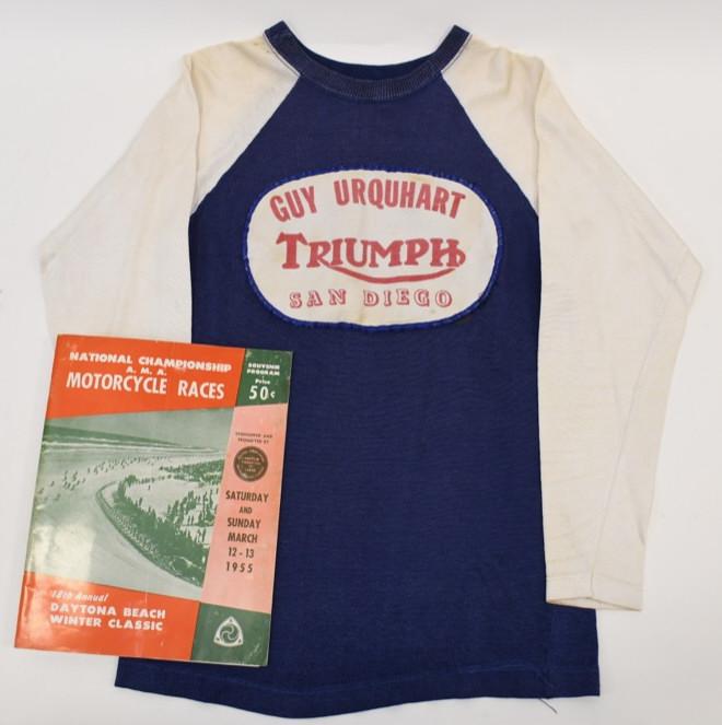 Joe Leonard's 1940s-50s Triumph Motorcycle Jersey: Outstanding late 1940s early 1950s Triumph Motorcycles racing jersey from Guy Urquhart , Sandiego Triumph dealership. Consignor claims this jersey to have been purchased from the Guy Urquhart estate a