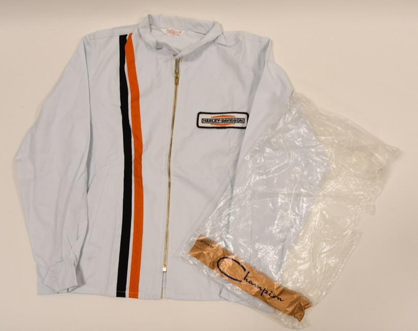 NOS 1960s Crawfords Harley-Davidson Race Jacket: Amazing new old stock 1960s Crawfords Harley-Davidson , Waterloo Iowa motorcycle race jacket by Champion. Comes in original Champion bag. Excellent condition with some discoloration from age and stora