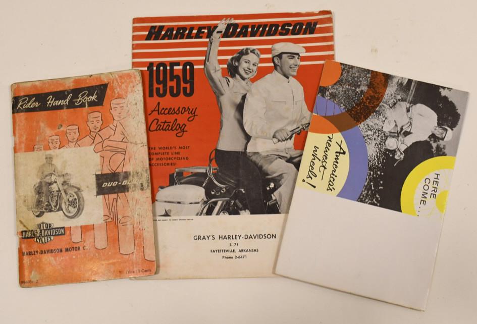 1959 Harley-Davison Advertising Ephemera Lot: 1959 Harley-Davidson advertising ephemera lot. Lot includes a 1959 Duo-Glide riders handbook, a 1959 Harley Davidson Accessory Catalog, and a 1959 Harley Davidson sales brochure. Items vary in conditi