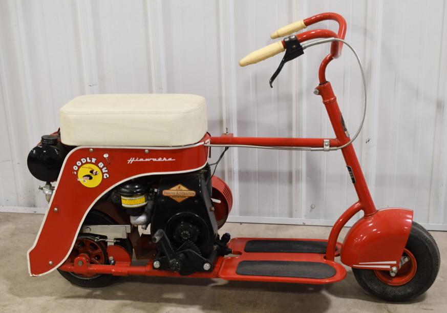 Restored 1940's Hiawatha Doodle Bug Scooter: Nice professionally restored 1940's Hiawatha Doodle Bug scooter. The scooter is powered with a 4 cycle Briggs & Stratton gasoline engine. The serial # is 4626 and the model # is 24-5501A.