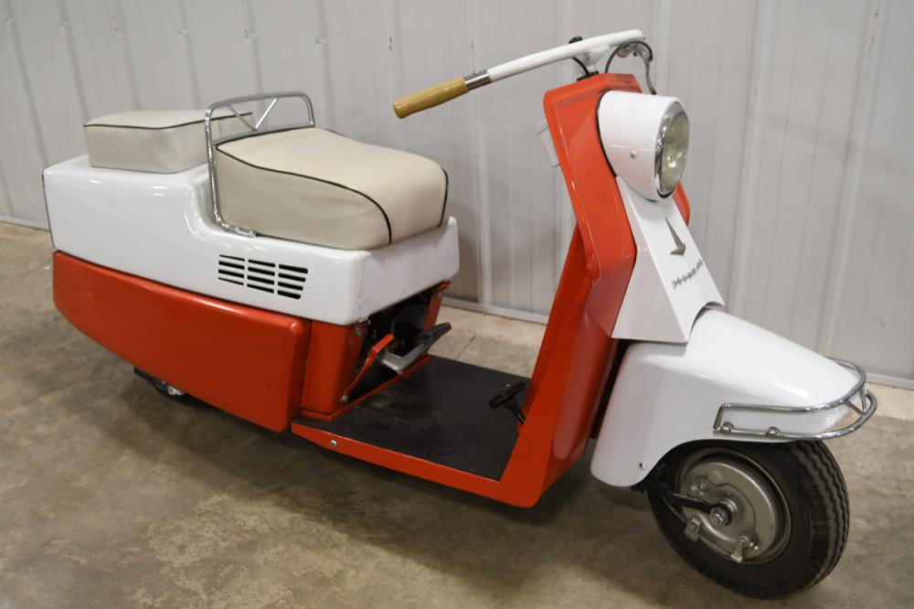 Restored Cushman Allstate Jetsweep Motor Scooter: Nice restored 1958 Cushman Allstate Jetsweep gas powered motor scooter. Scooter is in nice condition with some wear from use and display. Has older restoration. Equiped with 4.8hp Sears engine. Odomet