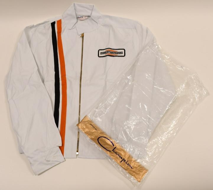 NOS 1960s Crawfords Harley-Davidson Race Jacket: Amazing new old stock 1960s Crawfords Harley-Davidson , Waterloo Iowa motorcycle race jacket by Champion. Comes in original Champion bag. Excellent condition with some discoloration from age and stora