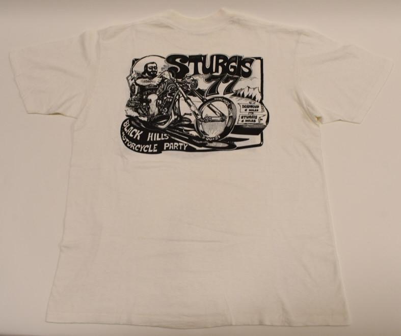 1977 Harley-Davidson Sturgis Black Hills T-Shirt: Original vintage 1977 Harley-Davidson Sturgis Black Hills Motorcycle Party Rally T-Shirt. Shirt is in very nice condition with some discoloration from age. Displays very well with Harley and chopper g