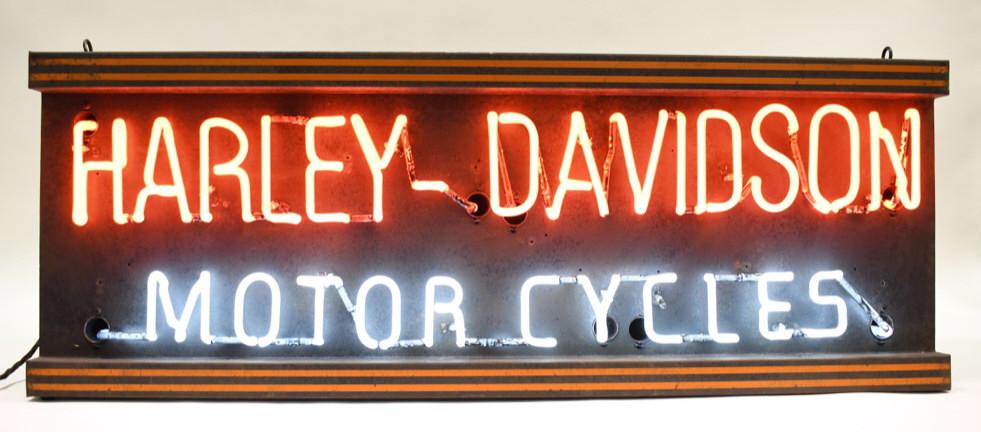 Vintage Harley-Davidson Motorcycles Neon Adv Sign: Outstanding Harley-Davidson Motorcycle dealership neon advertising sign. Can is in good condition with some surface rust and wear from use and age. Displays very well with newly added two color neon. 