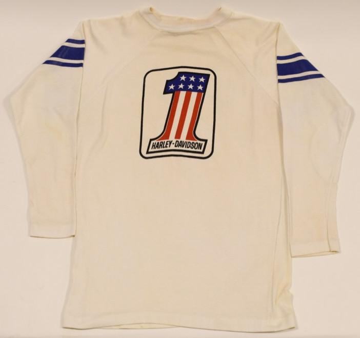1970s Harley-Davidson Champion Rayon Racing Jersey: Nice original 1970s Harley-Davidson motorcycle rayon racing jersey by Champion Sportswear. Nice condition with discoloration and wear from use and age. Displays very well with #1 on front side. Has fa