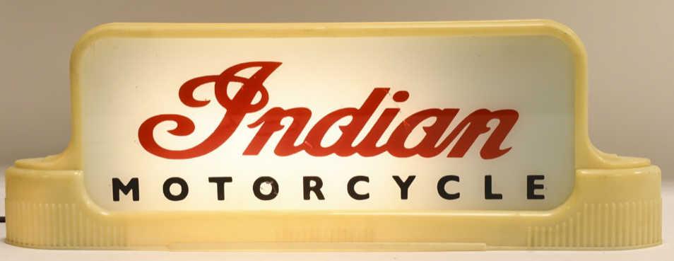 Indian Motorcycle Lighted Glass Countertop Sign: Very nice Art Deco style Indian Motorcycles lighted countertop / cash register glass dealership advertising sign. Sign is in nice condition with some discoloration and wear from use and age. There is 
