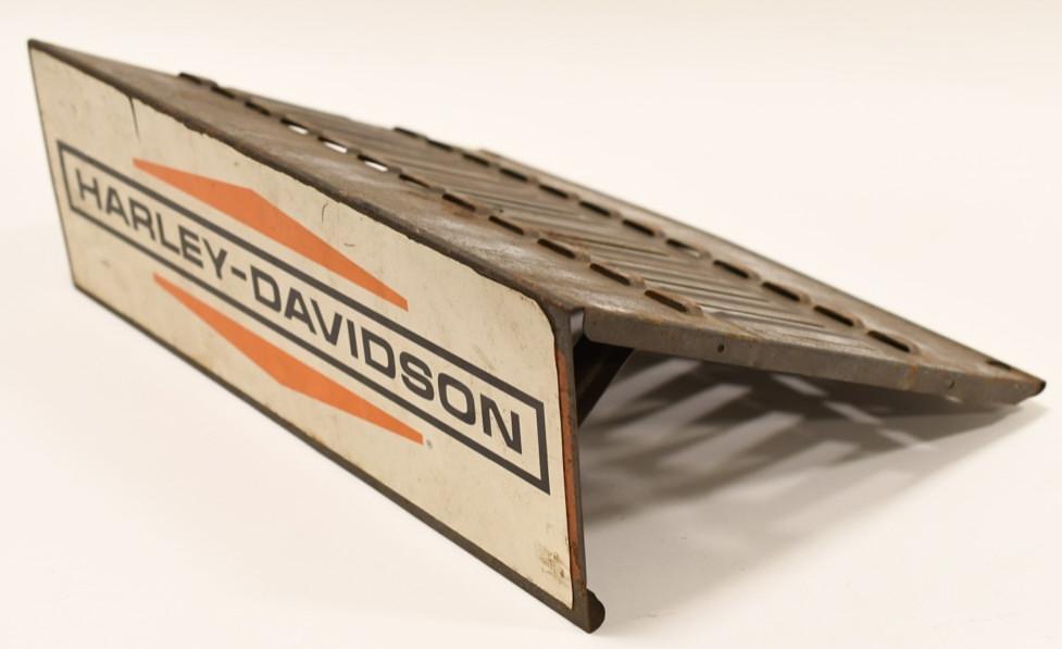Vintage Harley-Davidson Metal Catalog Display Rack: Nice vintage Harley-Davidson advertising metal catalog display rack sign. Fair condition with rust , and decal wear from use and age. Measures approximately 15" across by 11-1/2" deep.
