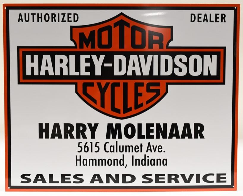 SST Molenaar Harley-Davidson Hammond IN Adv Sign: Amazing single sided metal Molenaar Harley-Davidson, Hammond Indiana advertising sign. Sign is in very nice condition with minor scratches and wear from use and age. These signs were commissioned in t