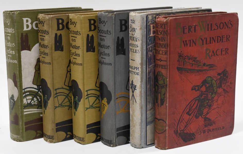 Lot Of 6 Early Hardback Motorcycle Books: Nice lot of six early hardback motorcycle books. Lot includes "Bert Wilson's Twin Cylinder Racer", "The Boy Scouts Motor Cycles", and four copies of "Boy Scouts On Motorcycles". Books are in good cond