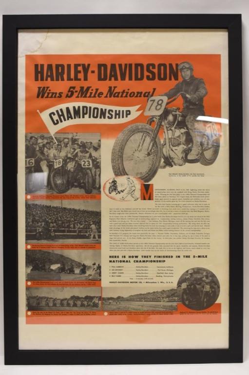 Framed Harley-Davidson 5-Mile Championship Poster: Framed Harley-Davidson Wins 5-Mile National Championship advertising paper poster. Poster appears to be in nice condition with some water damage in the upper left corner. Displays very well with great