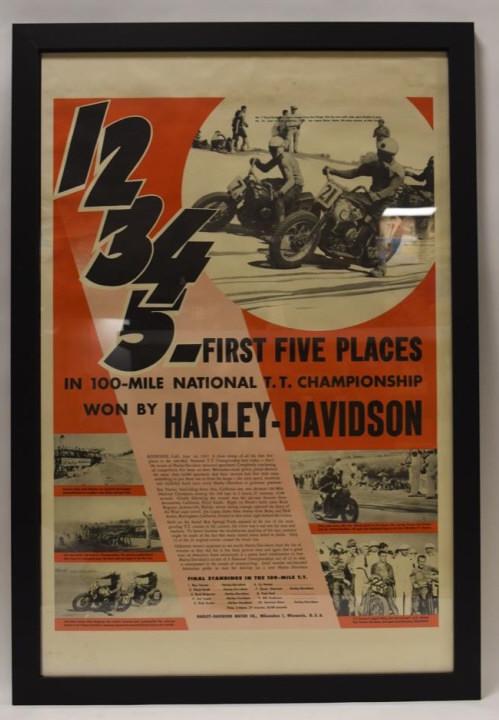 Framed Harley-Davidson First Five Adv Poster: Framed Harley-Davidson First Five Places In 100-Mile National TT Championship advertising paper poster. Poster appears to be in nice condition with some creases, pinholes, and wear. Displays very well