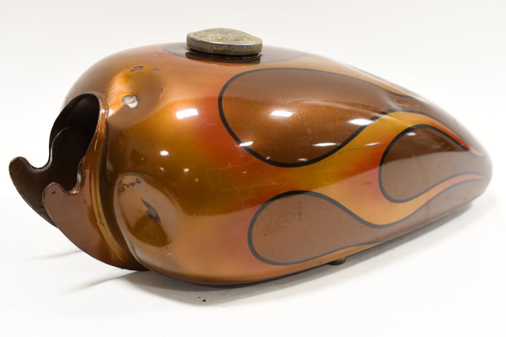 Custom Harley-Davidson Shovelhead Super Glide Tank: 1970s Harley-Davidson Shovelhead Super Glide custom painted gas tank. Fair condition with paint loss and wear from use and age. Does have dents. Still displays well with custom paint.
