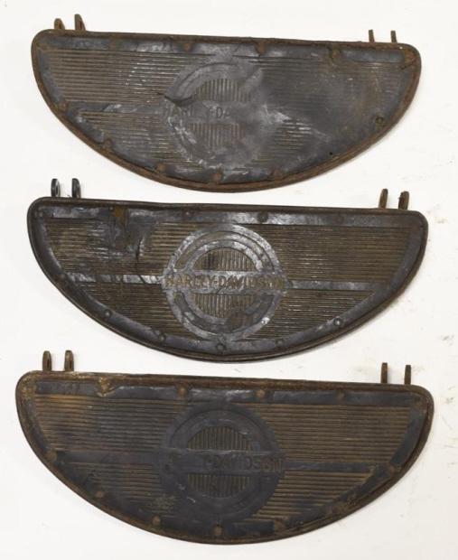 Harley-Davidson Knucklehead Panhead Footboards: Lot of three vintage Harley-Davidson Knucklehead Panhead half moon D-Boards footboards. Fair condition with wear from use and age. Measure approximately 12" across.