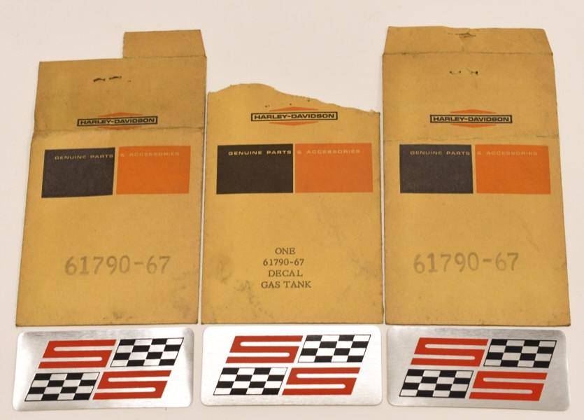 (3) NOS Harley-Davidson 1967-1969 SS Tank Decals: Nice lot of three new old stock Harley-Davidson SS tank decals. All three come in original envelopes. Part No. 61790-67