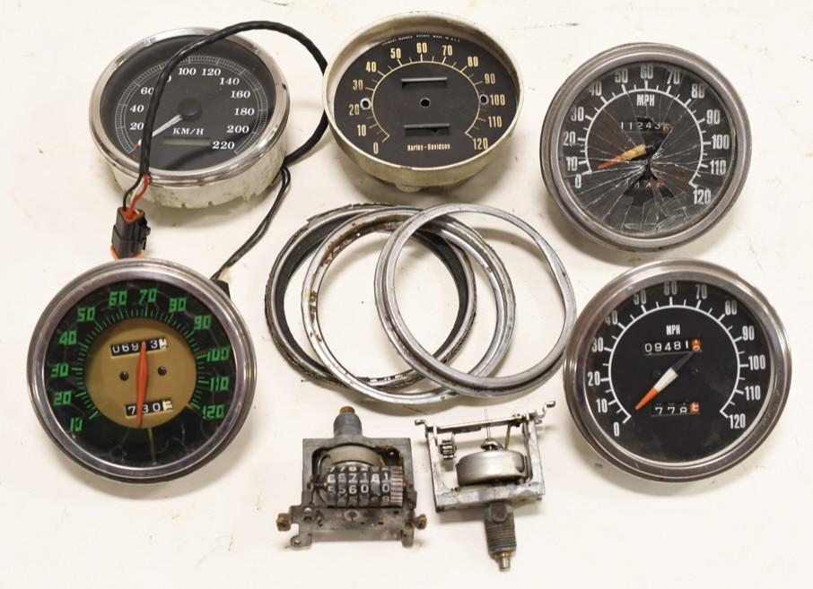 Harley-Davidson Speedometer Parts Lot: Lot of Harley-Davidson Speedometer parts. Items vary in age and condition.