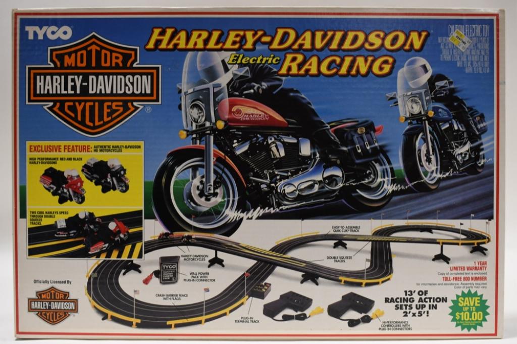 NOS Tyco Harley-Davidson Electric Racing Slot Bike: New old stock sealed 1993 Tyco Harley-Davidson electric racing slot motorcycles set. Set is still factory sealed and never opened. Box is in very nice condition with some wear from age andstorage.