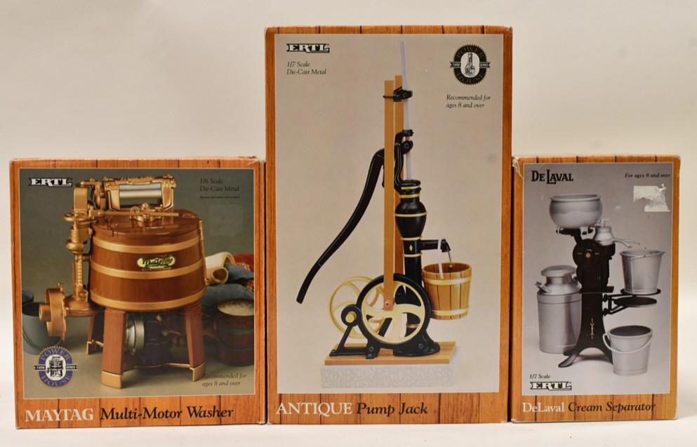 Ertl Pump, Maytag Washer, Delaval Cream Separator: Ertl 1/7 scale Pump Jack, 1/6 scale Maytag multi-motor washer, and Delaval Cream Separator. Nice condition in the boxes. Boxes have wear.