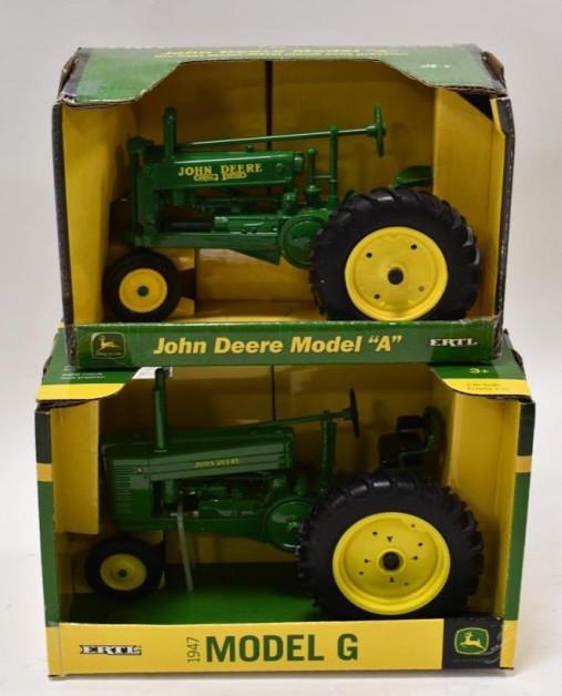 1/16 Ertl John Deere Model A & John Deere Model G: 1/16 scale Ertl John Deere Model A and John Deere Model G tractors. Nice condition in the boxes.