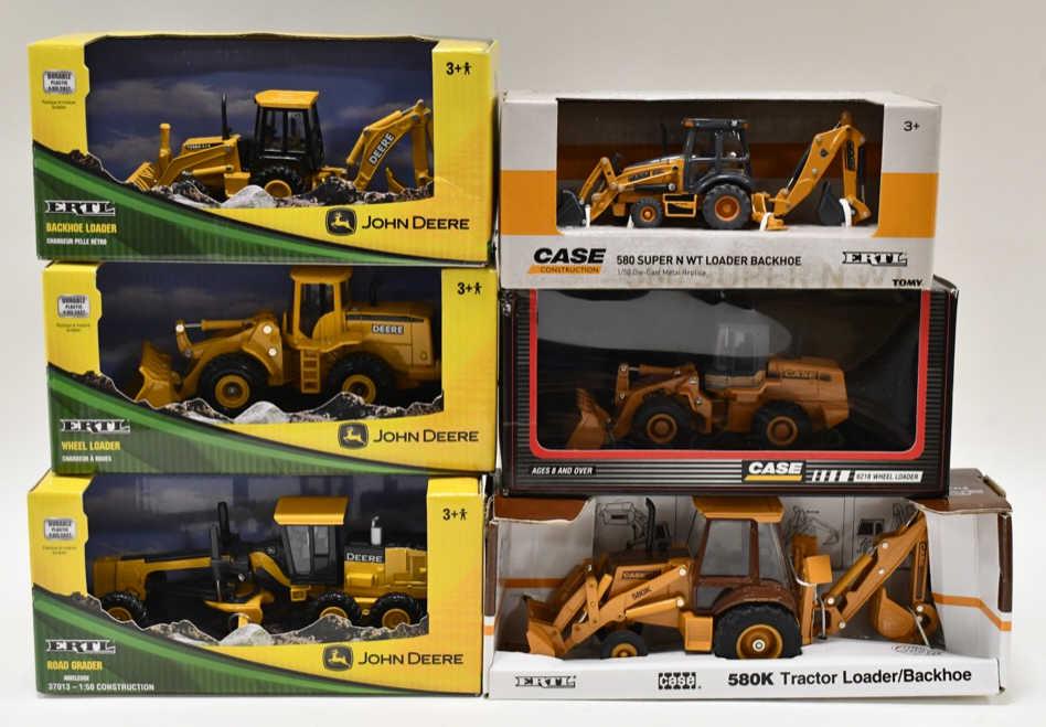 1/32 & 1/50 Case & John Deere Construction Toys: Lot of 1/32 & 1/50 scale Case and John Deere wheel loaders, backhoes, and grader. Nice condition in the boxes.