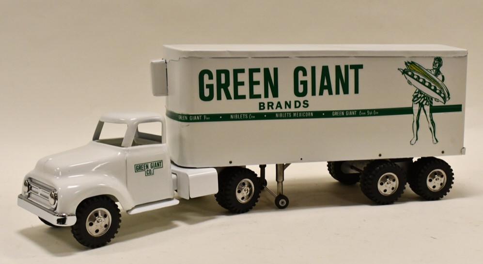 Tonka Private Label Green Giant Truck & Trailer: Restored Tonka private label Green Giant truck and trailer. Displays well with light wear from storage and display. Measures approximately 24" long.