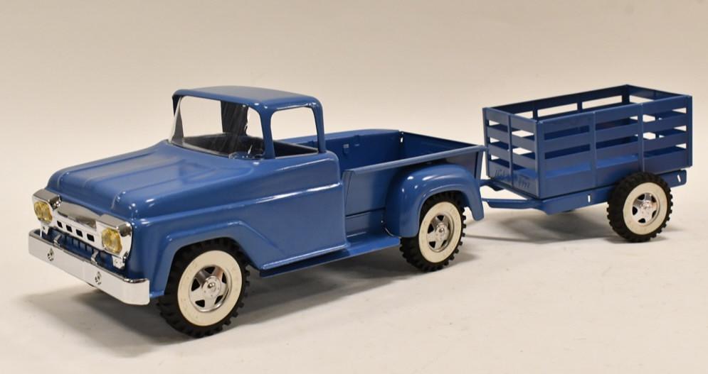 Restored Tonka Stepside Truck w/ Stake Trailer: Restored Tonka square fender step side pickup truck with stake trailer. Displays well with light wear from storage and dislay. The truck measures approximately 12 3/4" long.