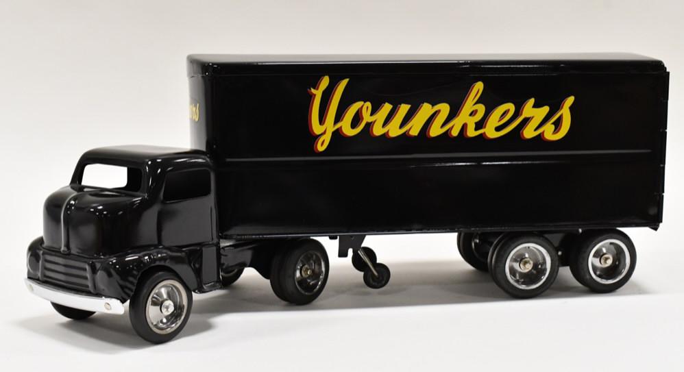 Tonka Private Label Younkers Truck and Trailer: Restored Tonka private label Younkers cab over truck and trailer. Displays well with a professional restoration. The axle platform on the truck is missing one small screw, but isn't noticeable on disp