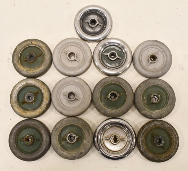 Lot of (13) Buddy L Bus Wheels: Lot of (13) Buddy L Bus aluminum wheels. All have wear from use and age. Some are reproductions. Measures approximately 3" in diameter.
