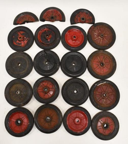 Lot Of (16) Buddy L Firestone and Balloon Tires: Lot of (16) Buddy L Firestone and Balloon tires. All have wear, repairs, and damage from use and age. Measures approximately 4-3/8" to 4-7/8" in diameter.