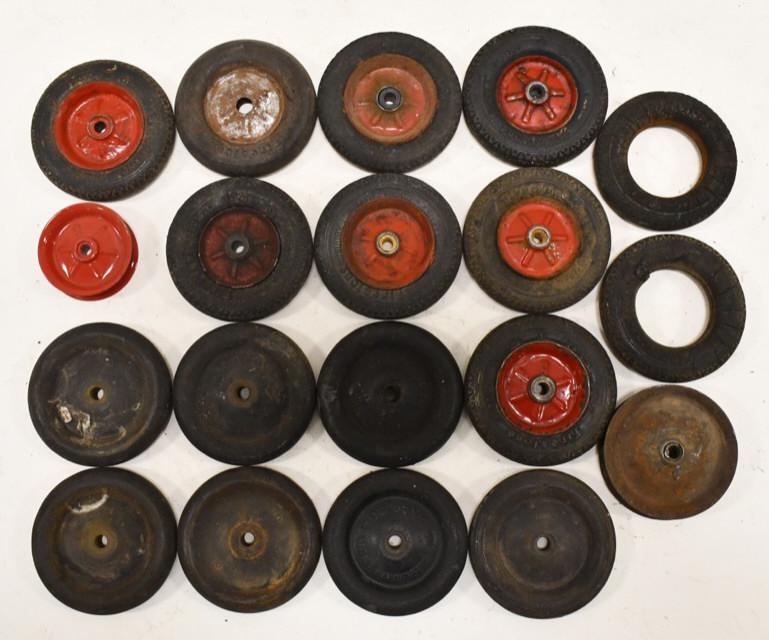 Lot Of Buddy L Junior and Cor-Cor Wheels: Lot of Buddy L Junior and Cor-Cor wheels. All have some wear from use and age. Measures approximately 3" to 3-1/8" in diameter.