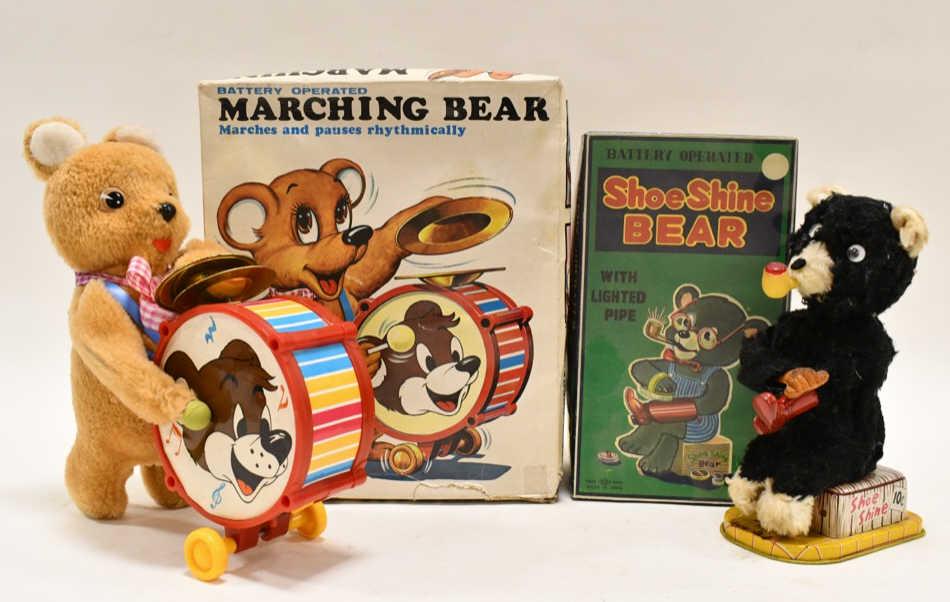 Battery Operated Marching Bear & Shoe Shine Bear: Battery operated marching bear and shoe shine bear. The shoe shine bear has fur loss and wear from play and age. The marching bear is in nice condition. The shoe shine bear box is a reproduction. Larg