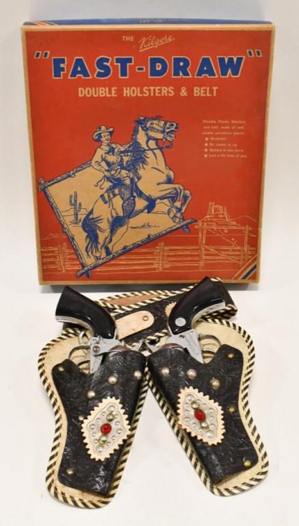 Hubley Remington .36 Cap Gun Set w Leather Holster: Hubley Remington .36 cap gun set with leather holster. Comes with Kilgore fast-draw holster box. The triggers work, but the cylinders don't revolve. The leather holster has become stiff from age. Disp