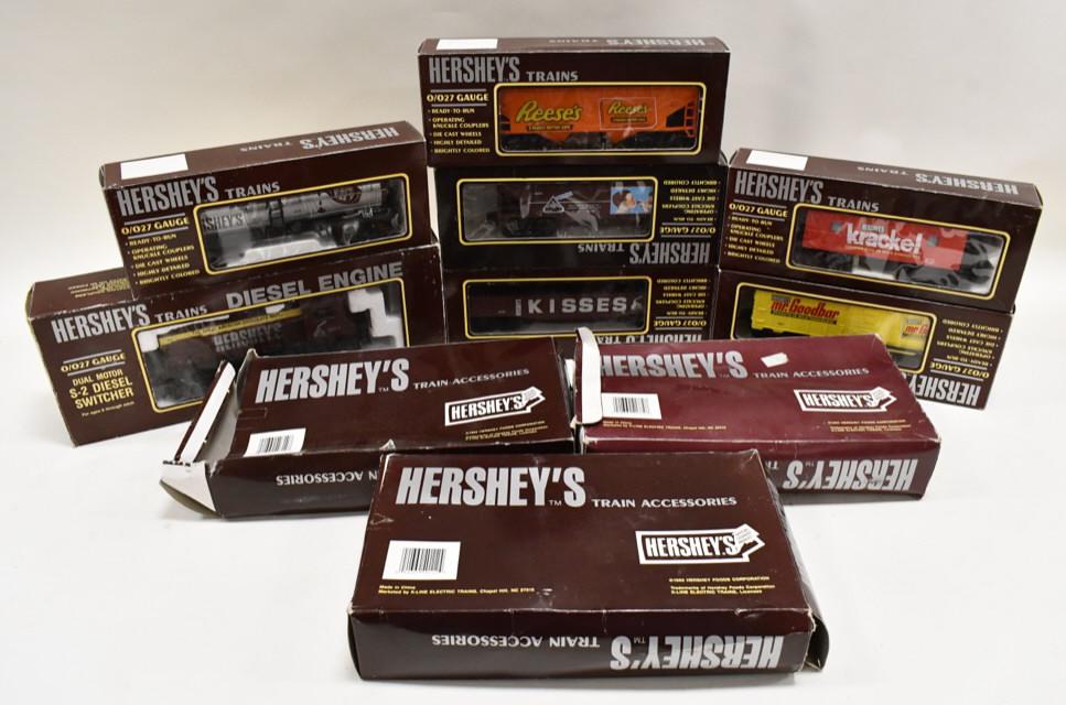 Lionel Hershey's Train Set w/ Engine & Cars: Lionel O-Gauge Hershey's train set with engine and cars. Lot includes a Hershey's Dual Motor S-2 diesel switcher, #6529 Hershey's gondola, #6337 Hershey's Tank Car, #6240 Reese's Hopper, #6245 Hershey