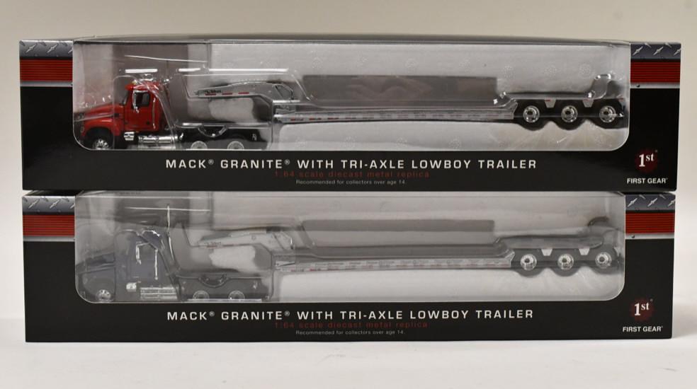 (2) 1/64 1st Gear Mack Granite Trucks w/ Lowboys: (2) 1/64 scale 1st Gear Mack Granite trucks with the lowboys. Nice condition in the boxes.