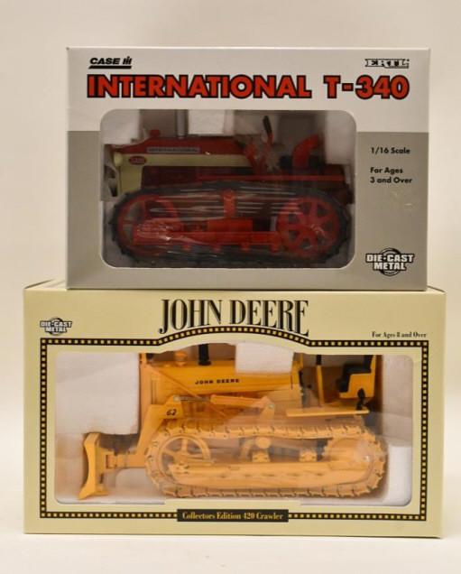 1/16 Ertl IH T-340 and John Deere 420 Crawler: 1/16 scale Ertl International T-340 crawler and John Deere 420 crawler with blade. Nice condition in the boxes.